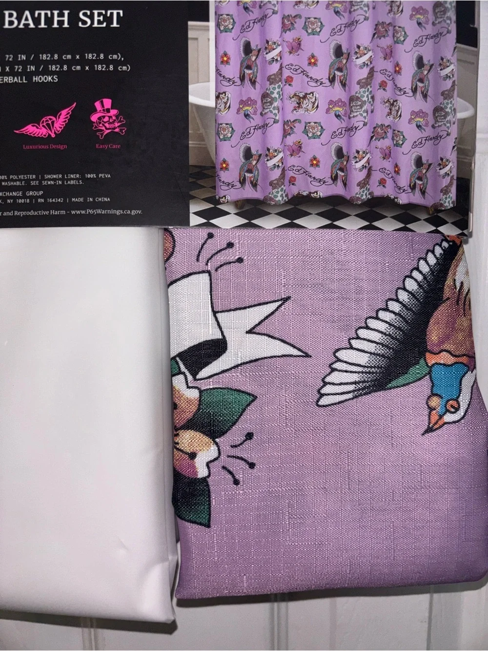 Ed Hardy Lavender Tattoo-Print Bath Set with White Liner